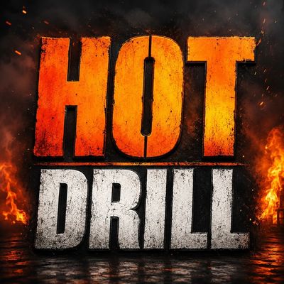 Bold text reading 'HOT DRILL' with fiery effects and flames in the background.