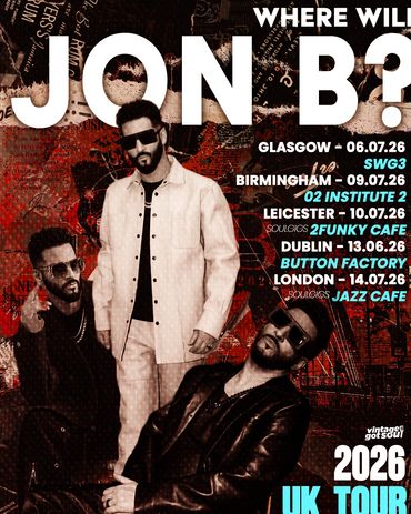 Promotional poster for Jon B's 2026 UK tour with multiple city dates.