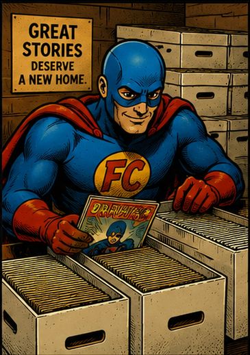 Figata Man sorting through comic book collection boxes for Figata Comics