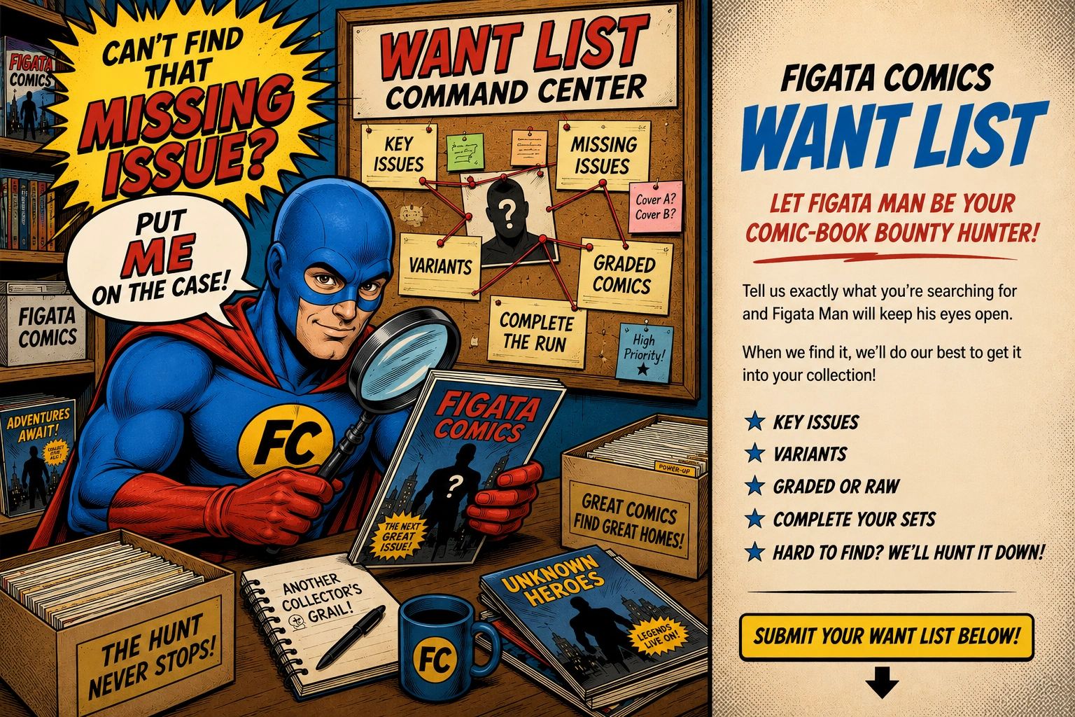 Figata Man searches for missing comic issues in a colorful comic-style poster.