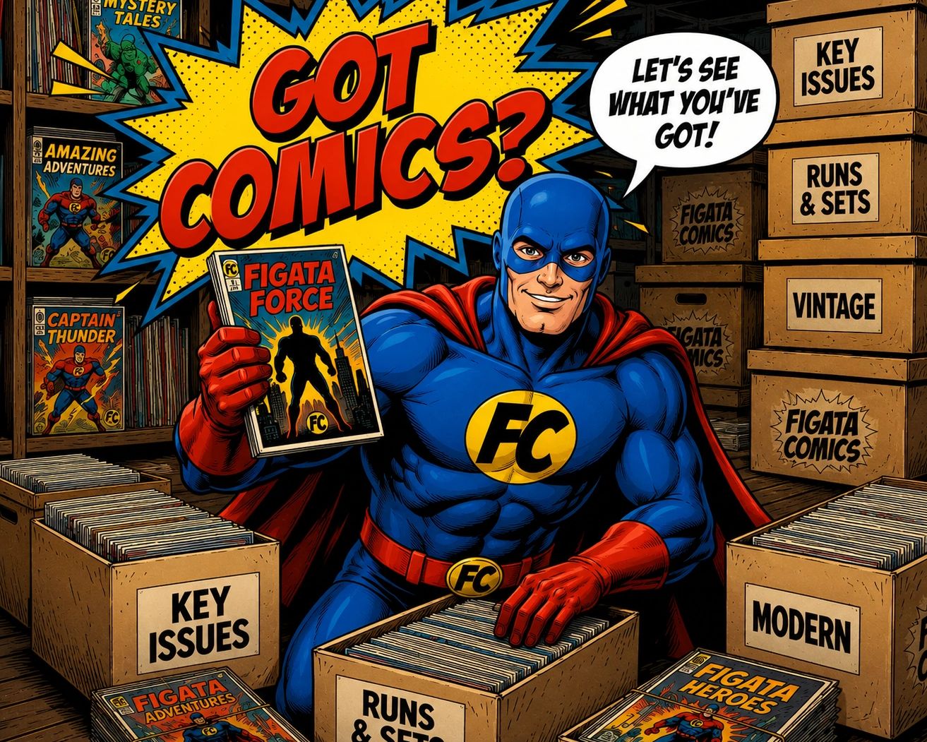 Superhero promoting Figata Force comics at a comic shop.