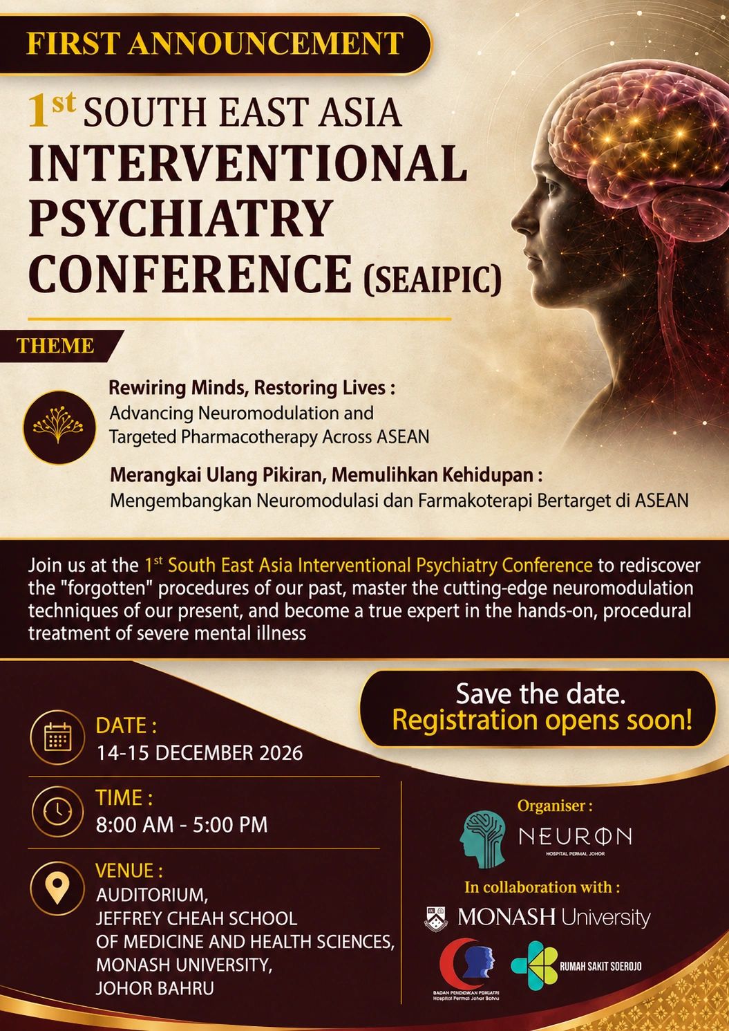 Announcement for the 1st South East Asia Interventional Psychiatry Conference in December 2026.