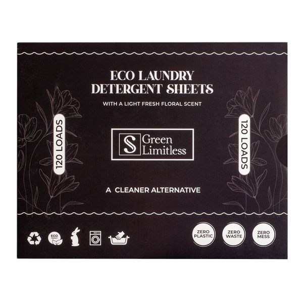 Eco laundry detergent sheets with a fresh floral scent and 120 loads per pack.
