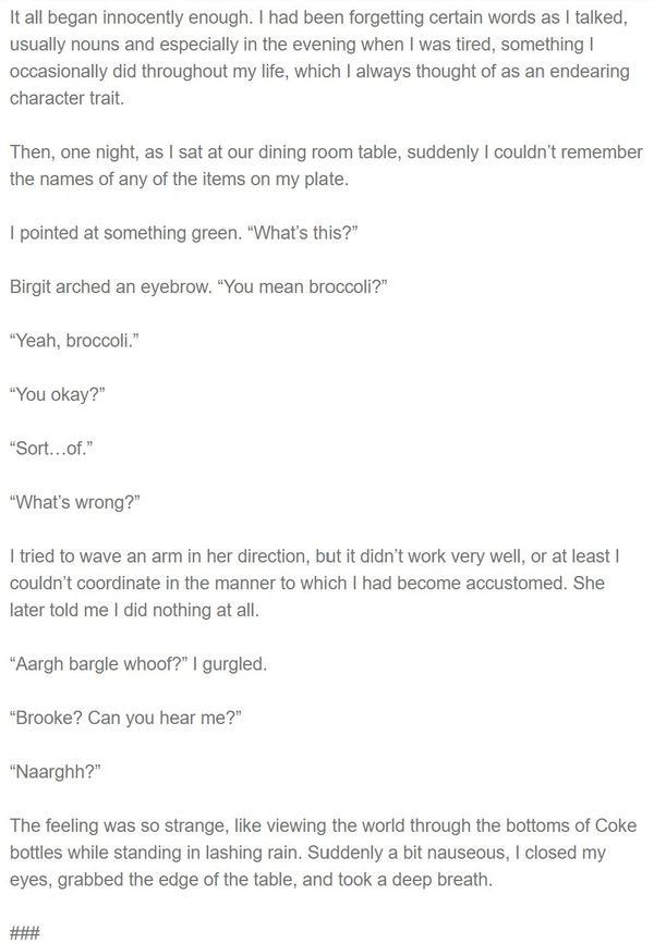 A narrative about sudden memory loss and confusion at the dinner table.