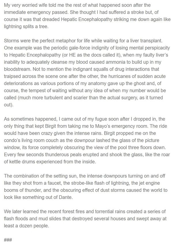 A personal story describing the intense struggles of Hepatic Encephalopathy and waiting for a liver transplant amid severe storms.
