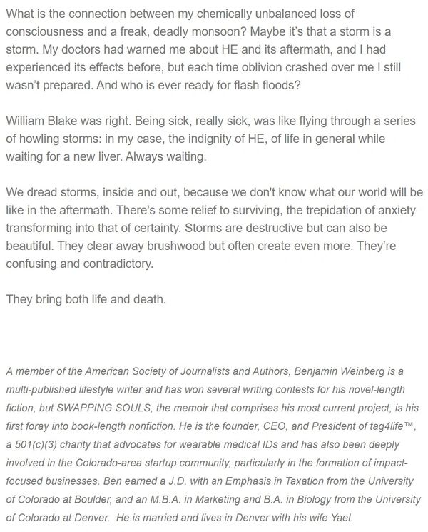 A reflective passage on illness, storms, and the unpredictability of life and death.