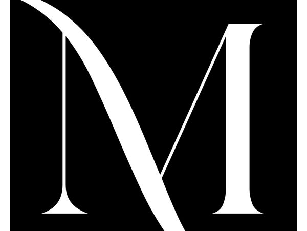 Stylized white letter M on a black background.