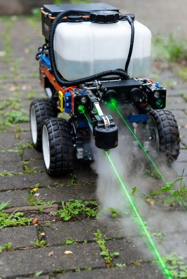 Steam generating robot using boiling hot steam to kill paving stone weeds. Has GPS & Optical Sensors