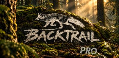 Logo of Backtrail Pro on mossy rock in forest.