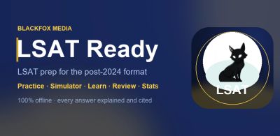 Advertisement for LSAT Ready prep app by Blackfox Media.