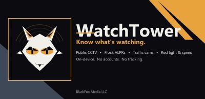 WatchTower app logo with features like CCTV and traffic cams, emphasizing privacy.