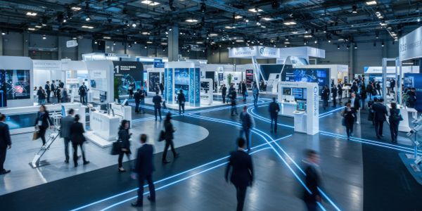 A bustling tech exhibition with futuristic displays and neon pathways.