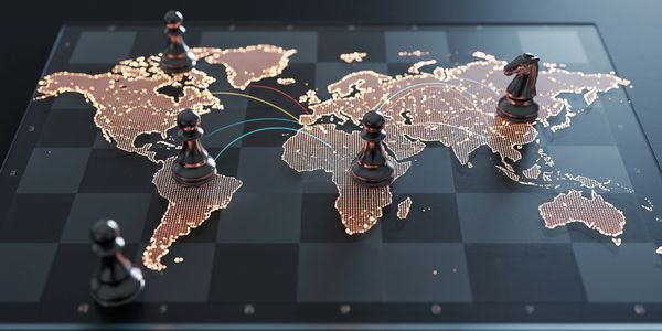 Chess pieces on a world map chessboard with connecting lines representing strategy.