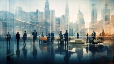 Businesspeople in a modern office with a city skyline view.