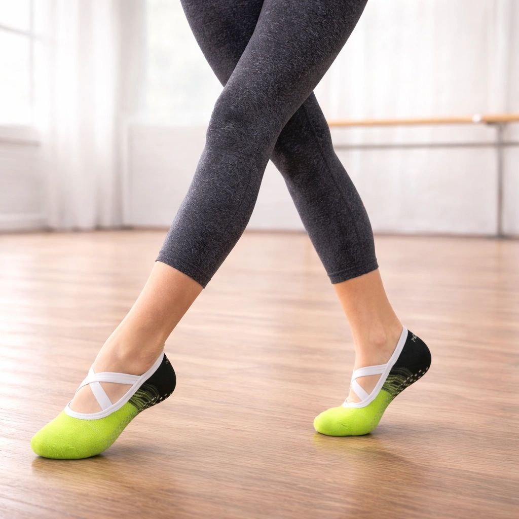 Person wearing bright green ballet socks and dark leggings in a dance pose.