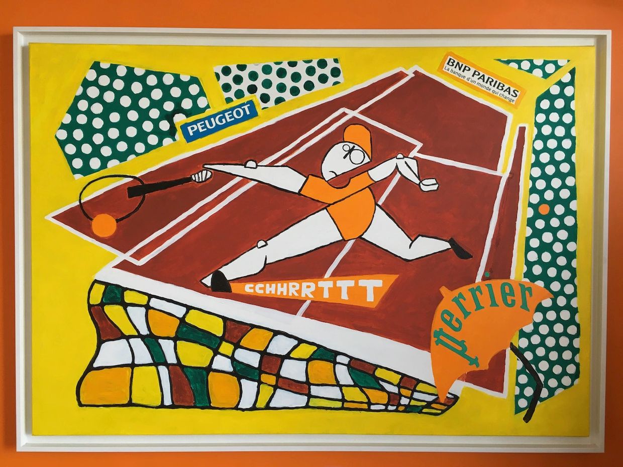 Acrylique sur toile et collage cubiste. Lignes graphiques d'un court de tennis encerclé par le publi