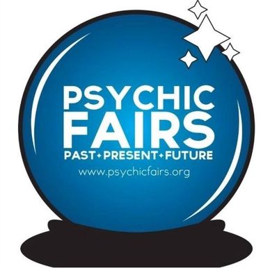 Logo of Psychic Fairs with a crystal ball design and website info.