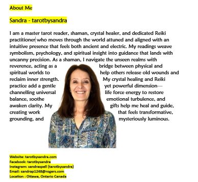 Portrait of Sandra, a master tarot reader, shaman, crystal healer, and Reiki practitioner.