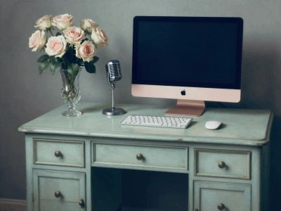 Elegant workspace with a vintage desk, iMac, microphone, and a vase of roses.