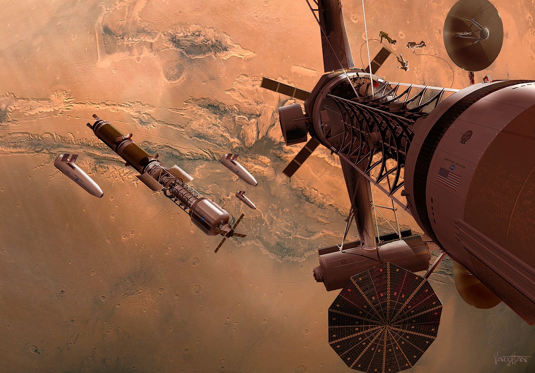 NASA spacecraft and astronauts orbiting Mars with detailed solar panels and communication dishes.