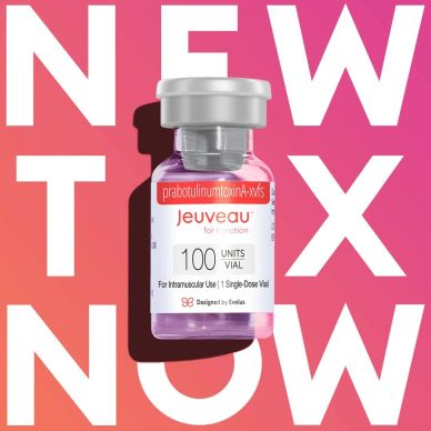 Jeuveau cosmetic vial with bold text 'NEW TOX NOW' in background.