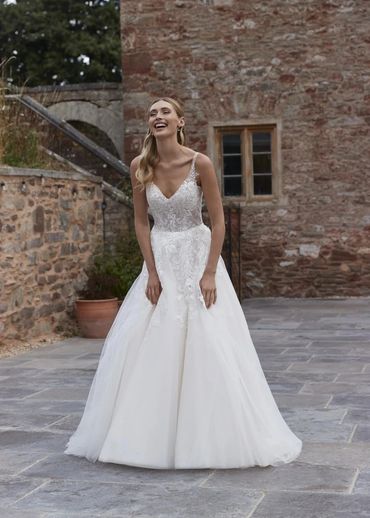 V-neck lace bodice tulle ball gown