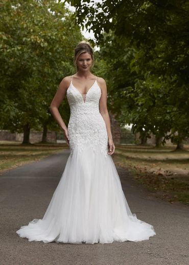 Lace fit-and-flare wedding dress with tulle skirt