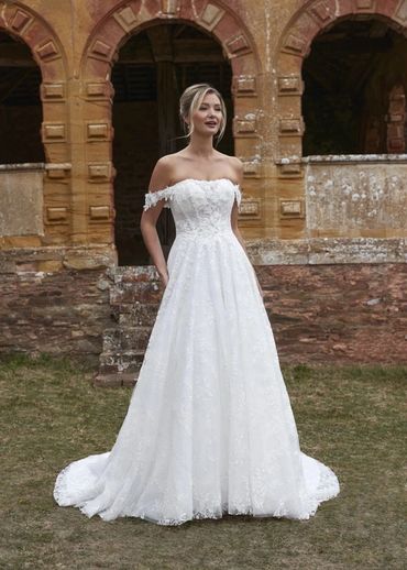 Off-the-shoulder lace A-line wedding dress
