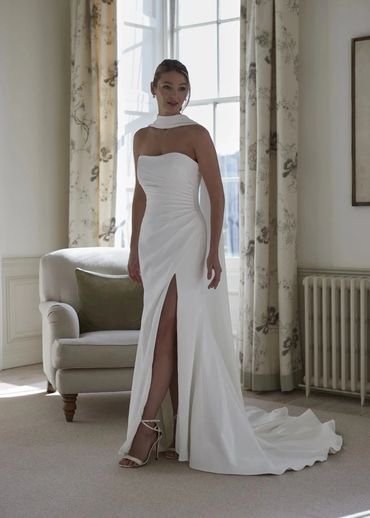 Strapless crepe wedding dress with thigh split and neck scarf