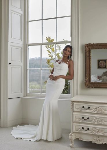 Crepe fit-and-flare wedding dress with cowl neckline