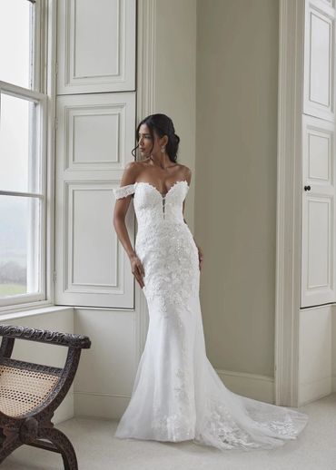 Off-shoulder sequin lace fit-and-flare wedding dress