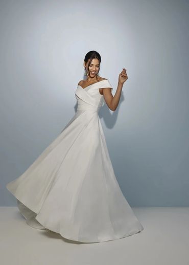 Off-shoulder satin wrap-bodice ball gown