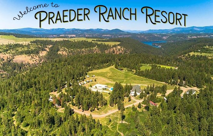 Aerial view of Praeder Ranch Resort with the Lake Coeur d'Alene in the distance