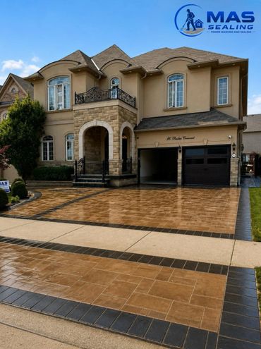 Elegant two-story house with a polished stone driveway and MAS Sealing logo.