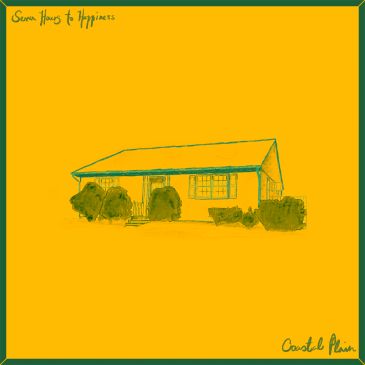 Minimalist house sketch on orange background with text.