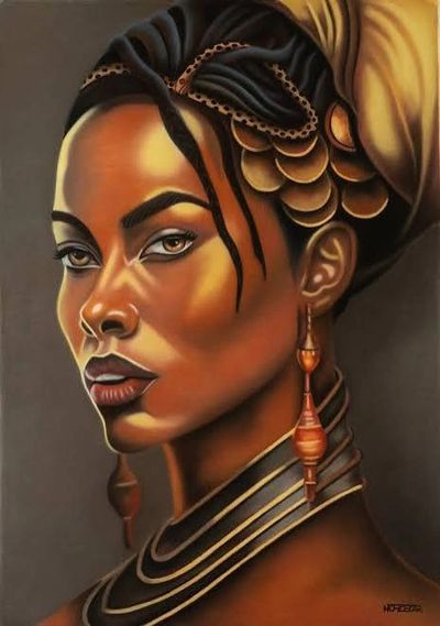 Portrait of a woman with tribal jewelry and headwrap in warm tones.