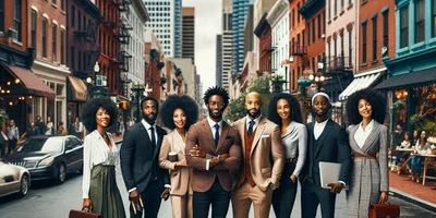 Diverse professionals standing confidently in a city street.