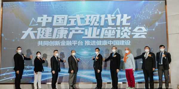 Group of officials at a Chinese health industry conference stage.