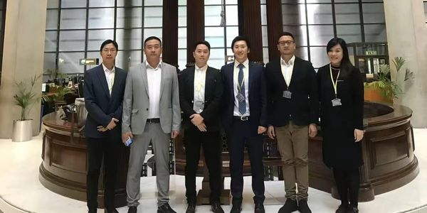 Group of six professionally dressed people posing indoors in front of a large window.