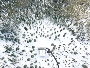 Aerial view of a home after it has been completely mitigated for wildfire