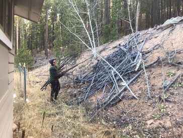 A woman picking up branches from a pile next to a home