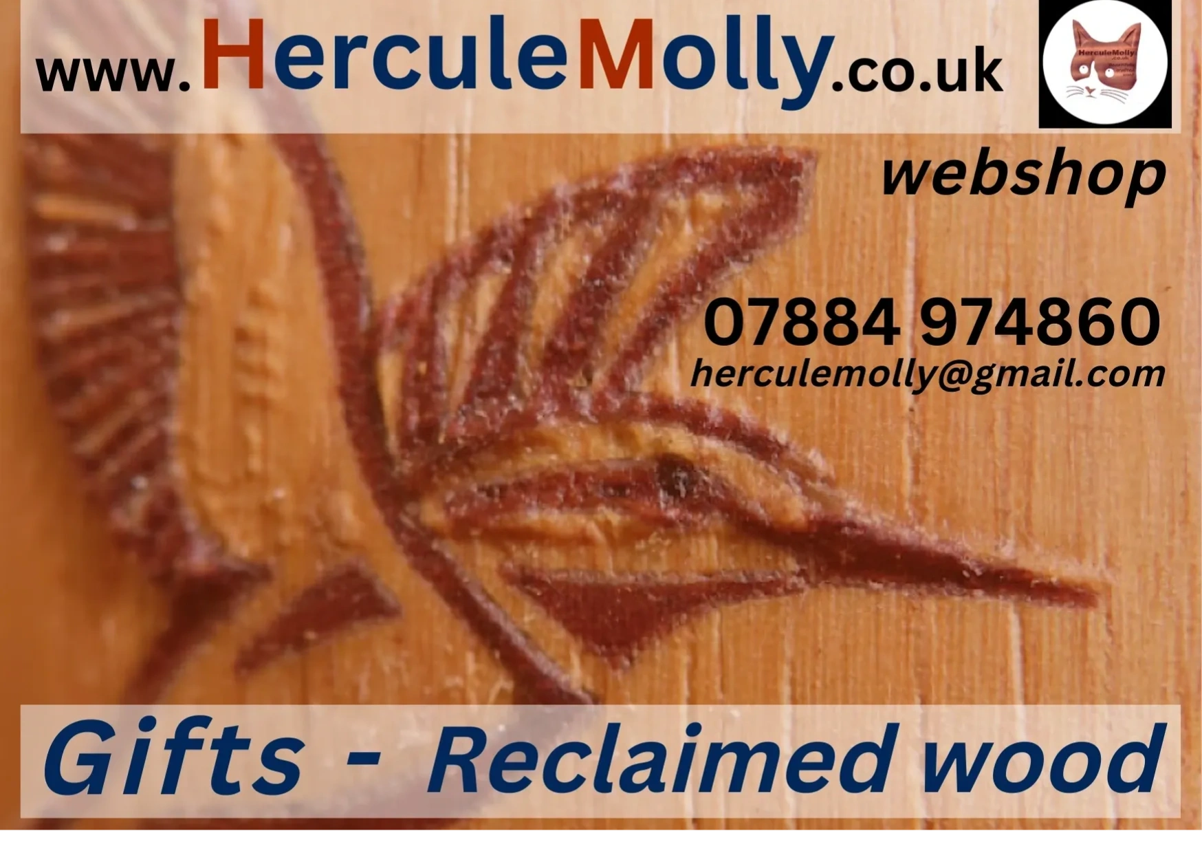 Mahogany kingfisher inlaid into oak business card.