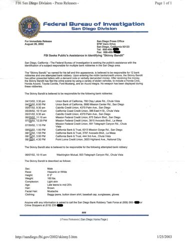FBI San Diego press release from 2002 seeking the public's help in identifying the Skinny Bandit.