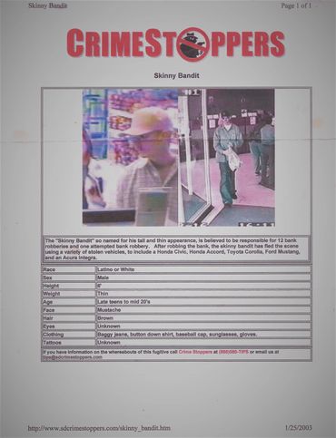 San Diego Crime Stoppers wanted poster from 2002 seeking the then unknown Skinny Bandit.