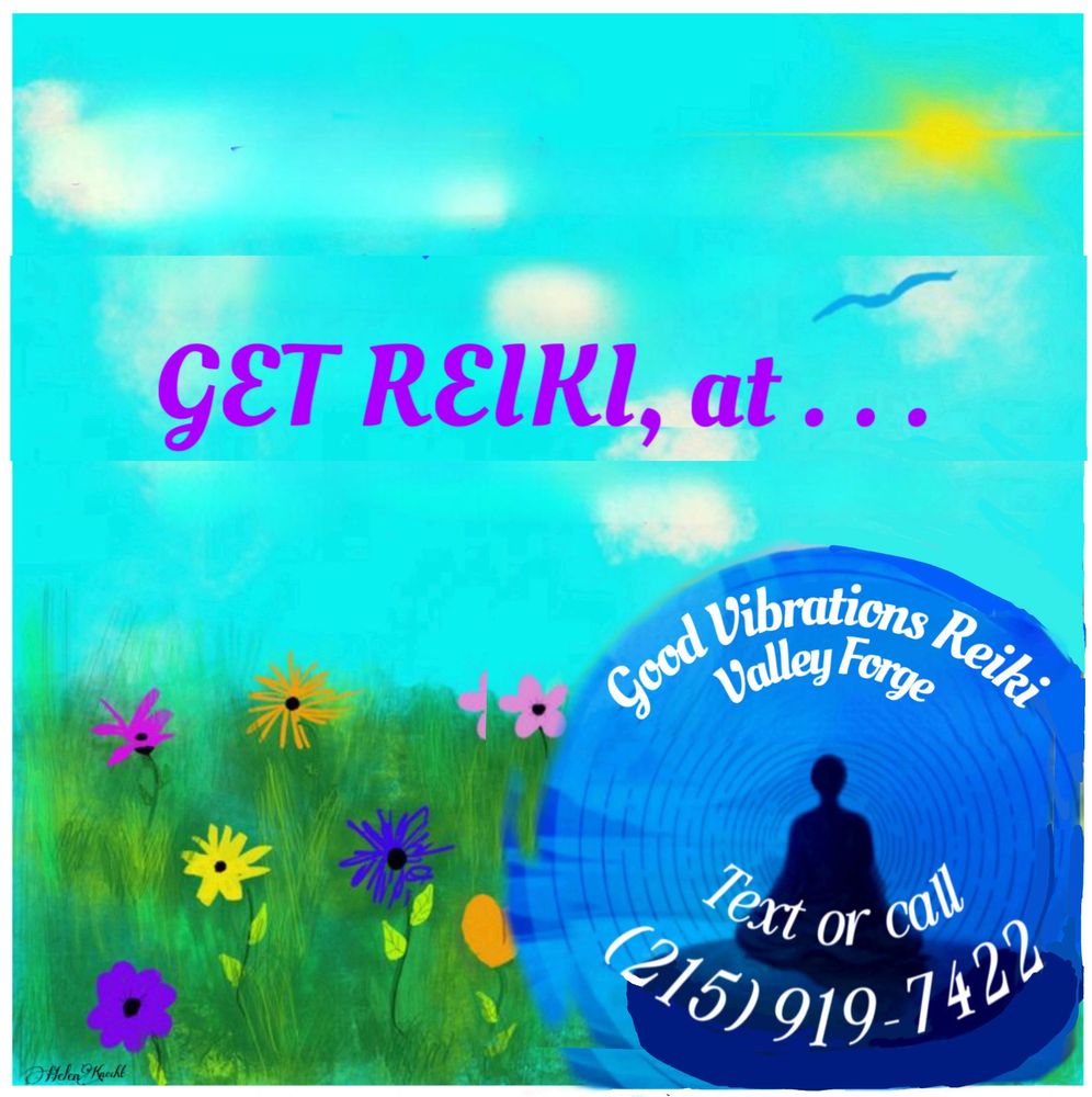 Colorful Reiki ad with flowers and contact info in a blue circle.