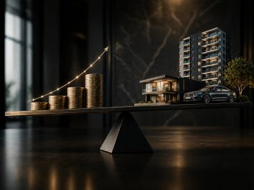 Balança equilibrando moedas, casa, prédio e carro.