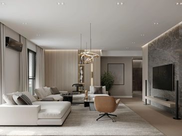Sala de estar moderna e elegante com decoração neutra.
