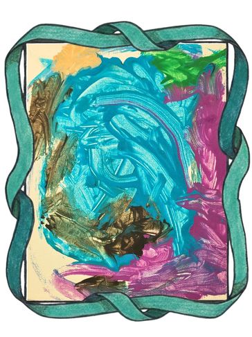 Abstract painting with vibrant blues, purples, and greens framed by a flowing green ribbon.