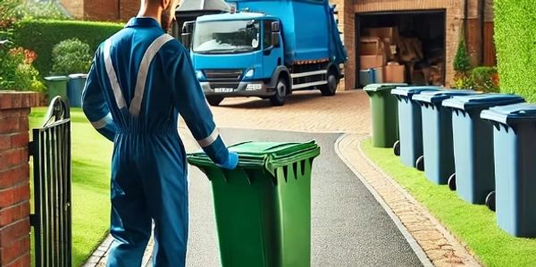 A worker in a blue uniform pushing a green bin towards a garbage truck.