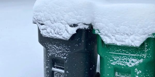 Two snow-covered trash bins standing side by side in a snowy environment.